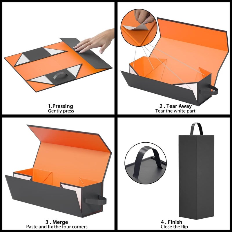 RYDDOY Wine Gift Box, 12.8x3.7x3.7 Inches Orange Wine Bottle Boxes With Handle for Liquor and Champagne Magnetic Closure Collapsible Gift Box for Party, Wedding, Gift Wrap, Storage - Image 4